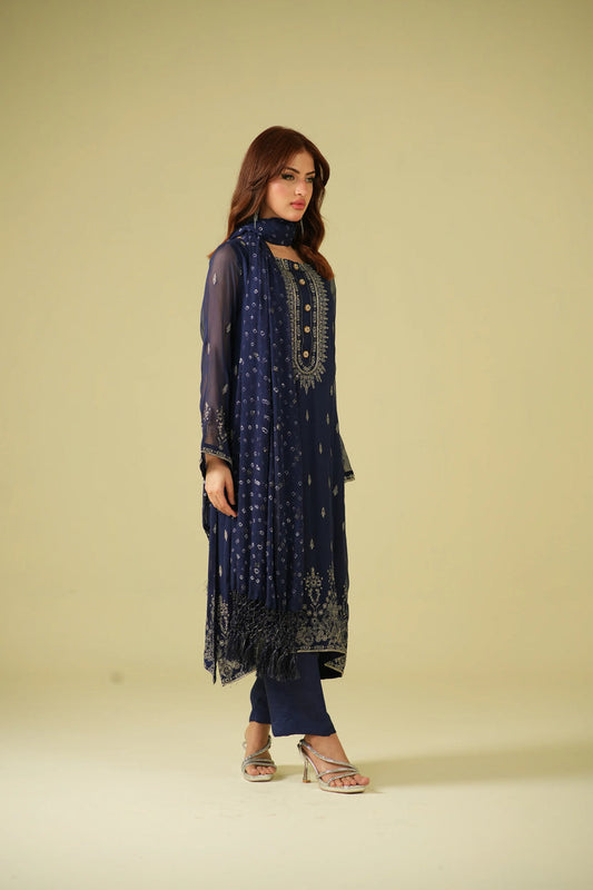 Zouj Satrang Luxury Chiffon-Navy Dusk