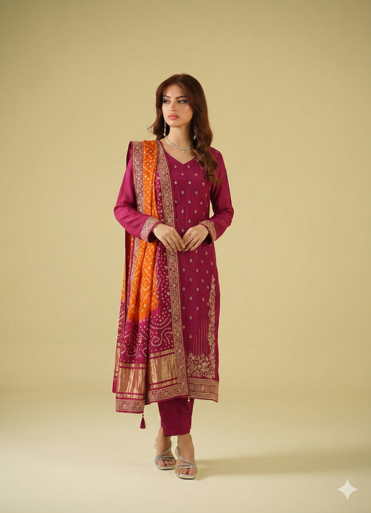 Zouj Satrang Luxury Chiffon-Fuchsia Rose