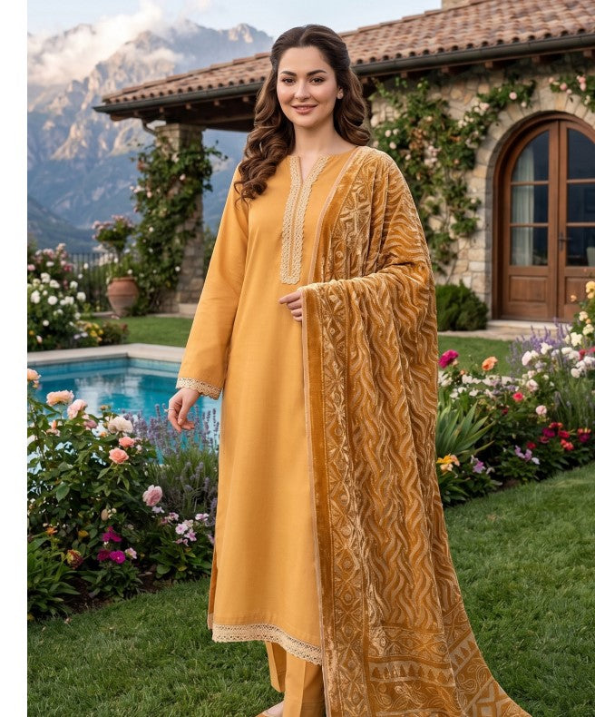 Solids Emb Peach With Palachi Shawl-D04